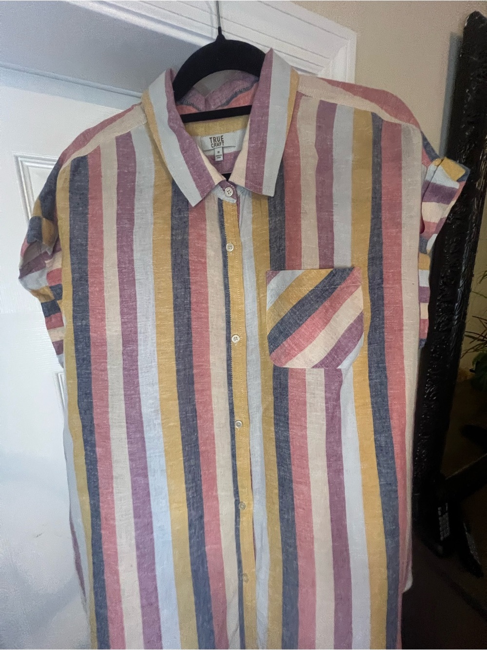 True Craft Ladies Multicolor Linen Blend Stripe Casual Button-Down Shirt